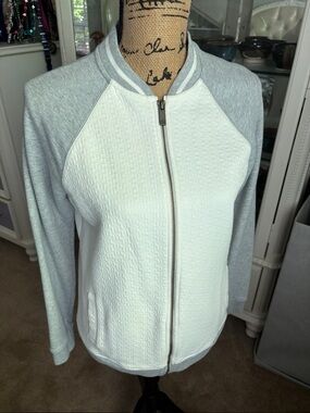Lands' End Light Gray and White Women's Cotton Bomber Jacket